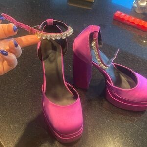 Fuchsia platform heels with rhinestone straps